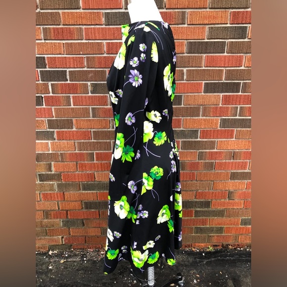 1970s Vintage Polyester floral midi Dress lime green,purple, black Retro Vtg 70s - Picture 6 of 9